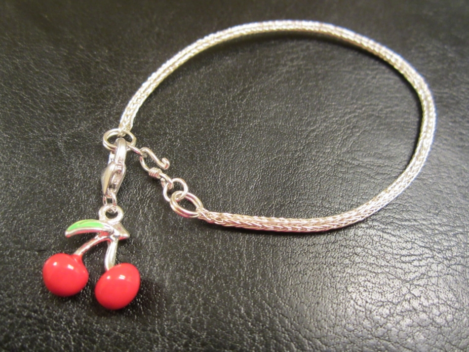 Viking knit, Sterling silver bracelet with cherry charm