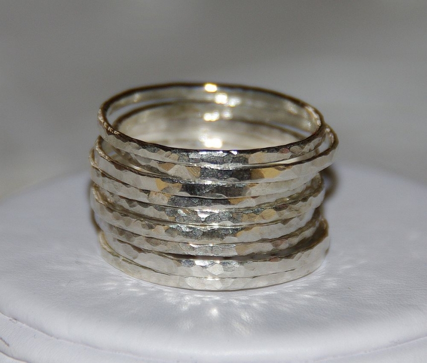 SET OF 9 handmade hammered sterling silver stackable rings