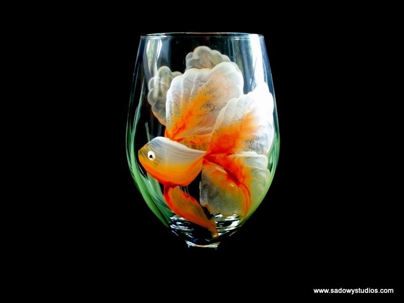 dishwasher glass Painted,  Glass, Wine Dishwasher painting Goldfish Hand safe Safe